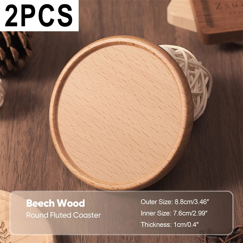 Beech wood round fluted coaster on a wooden surface with product details.