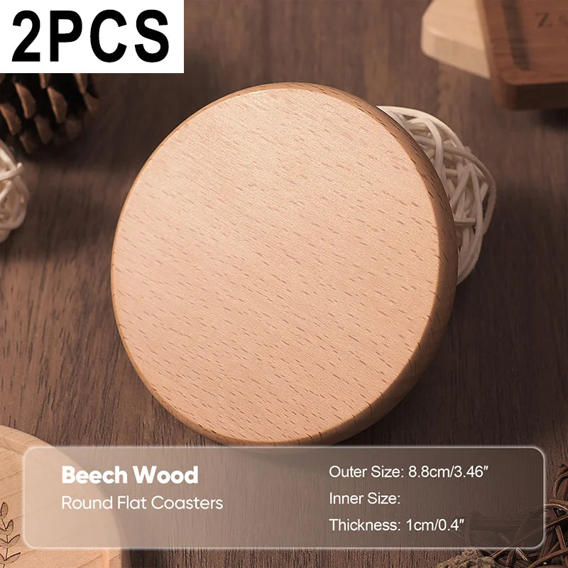 Round flat beech wood coasters on a wooden surface with product details.
