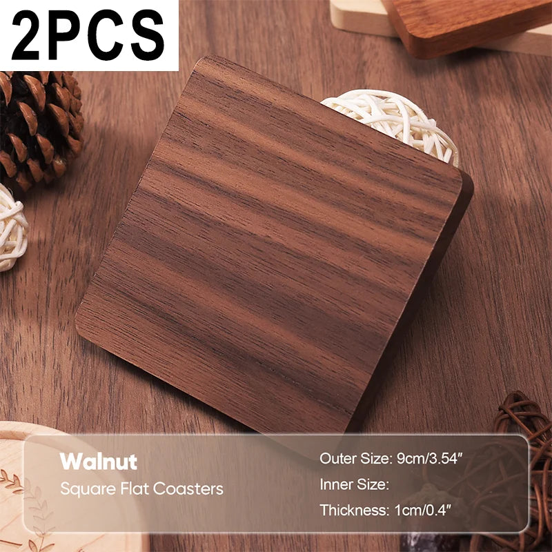 Two walnut square flat coasters on a wooden surface with product details.