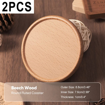 Beech wood round fluted coaster on a wooden surface with product details.