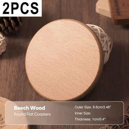 Round flat beech wood coasters on a wooden surface with product details.