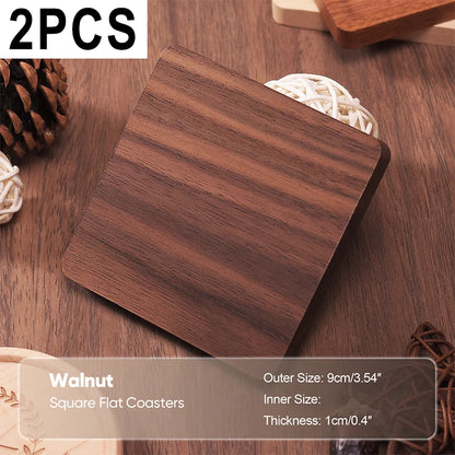 Two walnut square flat coasters on a wooden surface with product details.
